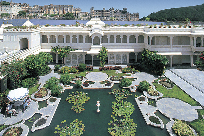 The Taj Lake Palace on Lake Pichola looking out over Udaipur, India