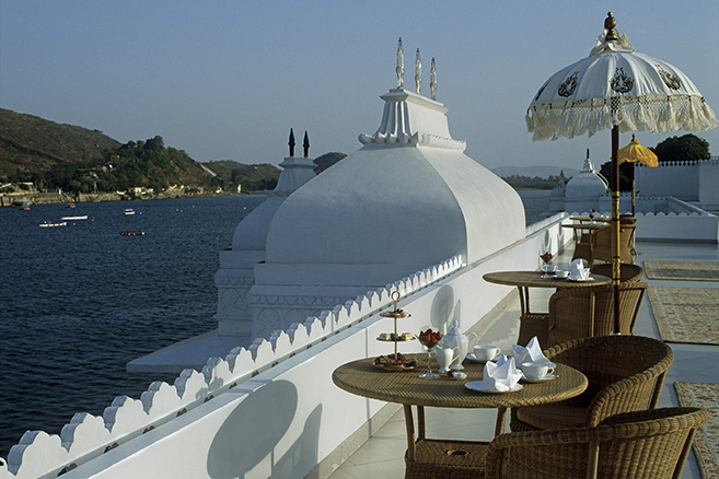 The Taj Lake Palace on Lake Pichola looking out over Udaipur, India