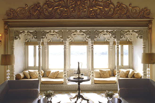 The Taj Lake Palace on Lake Pichola looking out over Udaipur, India