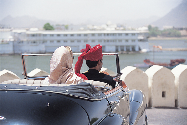 The Taj Lake Palace on Lake Pichola looking out over Udaipur, India