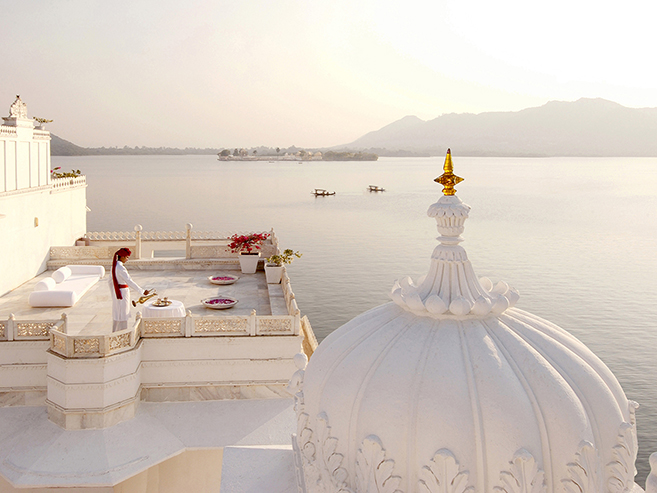 The Taj Lake Palace on Lake Pichola looking out over Udaipur, India