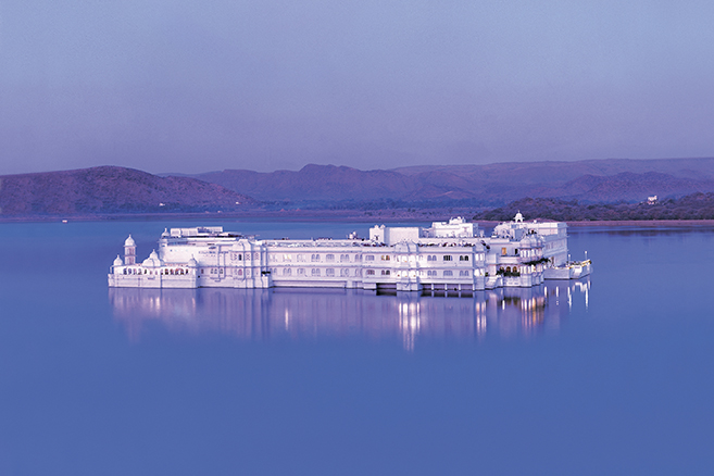 The Taj Lake Palace on Lake Pichola looking out over Udaipur, India