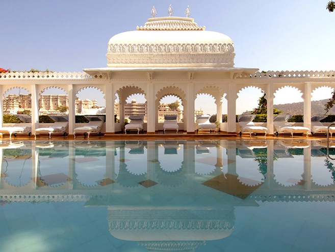 The Taj Lake Palace on Lake Pichola looking out over Udaipur, India