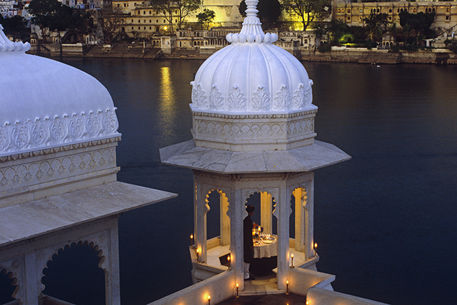 The Taj Lake Palace on Lake Pichola looking out over Udaipur, India