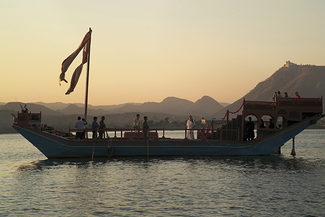 The Taj Lake Palace on Lake Pichola looking out over Udaipur, India